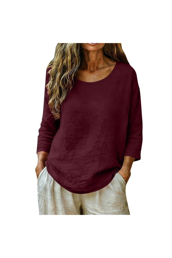 Women's Summer Casual 3/4 Sleeve Cotton Linen Loose Top, Lightweight Breathable Long Sleeve Summer Blouse Wine L