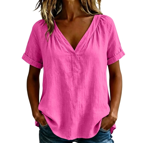 CYMMPU Women's Summer Casual V-Neck Linen Blend Blouse, Short Sleeve with Rolled Cuffs, Lightweight Everyday Top Hot Pink S