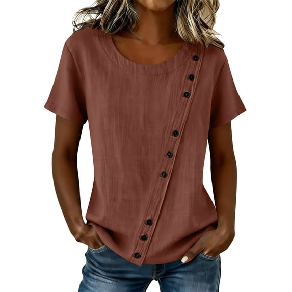 CYMMPU Women's Summer Cotton Linen Crew Neck Asymmetric Button Top, Short Sleeve Loose Casual Lightweight Blouse Bronze XL