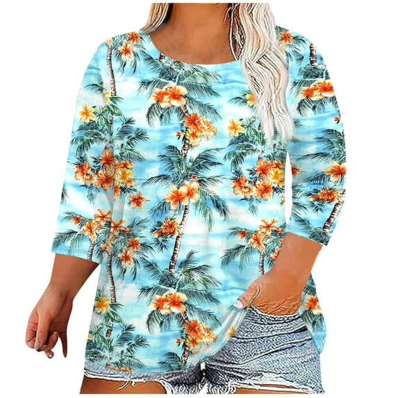 CYMMPU Women's Summer Fall Trendy Tunic Tops Casual Floral Printed 3/4 Length Sleeve Basic Tees Crewneck Business Work Blouses Shirts 2025 Clothes Light Blue XXXXXL
