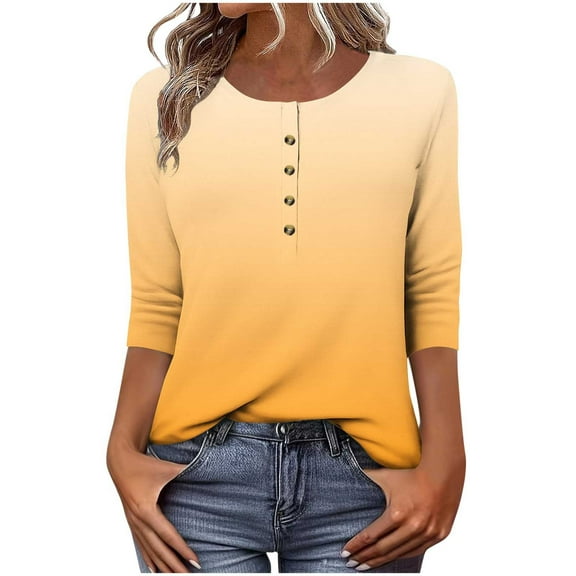 CYMMPU Women's Summer Fall Trendy Tunic Tops Gradient Color 3/4 Length Sleeve Business Work Blouses Basic Tees Casual Button up Scoop Neck Shirts 2025 Clothes Yellow S