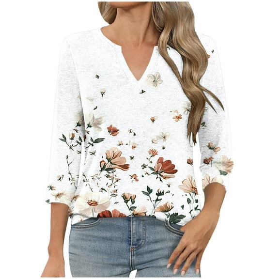 CYMMPU Women's Summer Fall Trendy Tunic Tops Shirts Business Work Blouses to Wear with Leggings V-Neck Casual Elegant Blouse Floral Printed 3/4 Length Sleeve 2025 Clothes White XXL