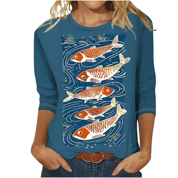 CYMMPU Women's Summer Fall Tunic Tops Basic Tees Swing Shirts Crewneck Business Work Blouses Floral Printed 3/4 Length Sleeve Vintage 2025 Clothes Multicolor L