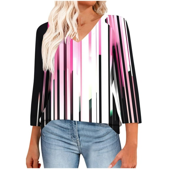 CYMMPU Women's Summer Fall Tunic Tops Casual Basic Tees Business Work Blouses Gradient Color Flowy Blouse 3/4 Length Sleeve V-Neck Shirts 2025 Clothes Pink XXXL