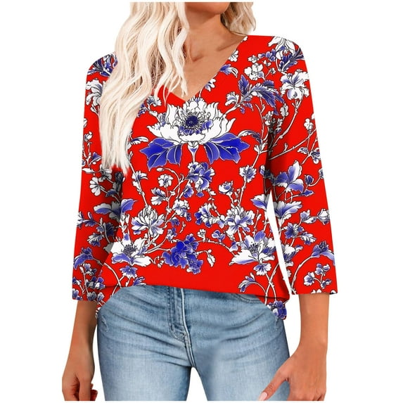 CYMMPU Women's Summer Fall Tunic Tops Casual Business Work Blouses Basic Tees Shirts Floral Printed Flowy Blouse 3/4 Length Sleeve V-Neck 2025 Clothes Red XXXL