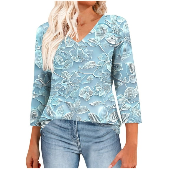CYMMPU Women's Summer Fall Tunic Tops Casual Business Work Blouses Floral Printed Flowy Blouse 3/4 Length Sleeve Basic Tees V-Neck Shirts 2025 Clothes Sky Blue XXXL