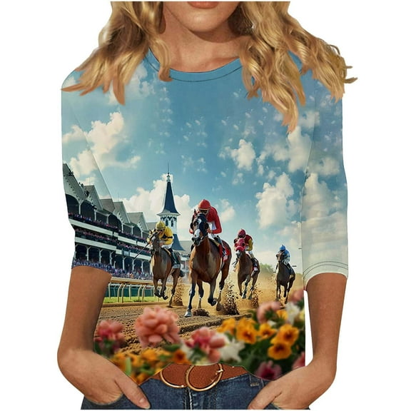 CYMMPU Women's Summer Fall Tunic Tops Crewneck Horse Printed 3/4 Length Sleeve Basic Tees Business Work Blouses Swing Shirts Vintage 2025 Clothes Multicolor L