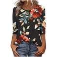 thumbnail image 1 of CYMMPU Women's Summer Fall Tunic Tops Floral Printed Flowy Blouse 3/4 Length Sleeve Business Work Blouses Casual Shirts Basic Tees Button up Scoop Neck 2025 Clothes Black XXXL, 1 of 7