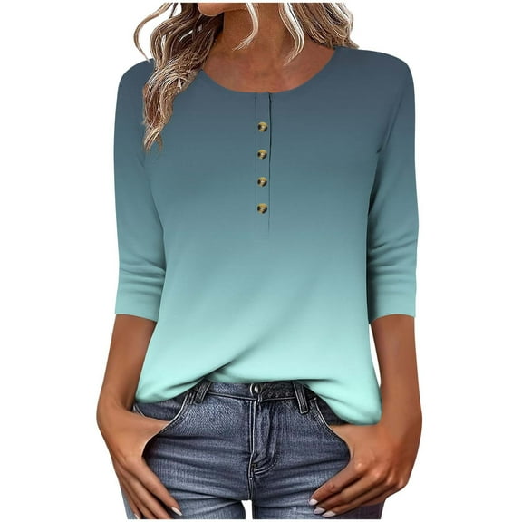 CYMMPU Women's Summer Fall Tunic Tops Gradient Color Flowy Blouse 3/4 Length Sleeve Business Work Blouses Button up Scoop Neck Basic Tees Casual Shirts 2025 Clothes Army Green XXXL