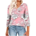 thumbnail image 1 of CYMMPU Women's Summer Fall Tunic Tops V-Neck Floral Printed Flowy Blouse 3/4 Length Sleeve Casual Shirts Basic Tees Business Work Blouses 2025 Clothes Pink XXXL, 1 of 8