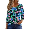 thumbnail image 1 of CYMMPU Women's Summer Fall Tunic Tops Vintage Swing Shirts Basic Tees Business Work Blouses Pleated Slanted Neck Floral Printed 3/4 Length Sleeve 2025 Clothes Green S, 1 of 7