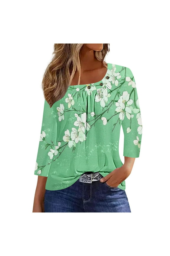 Women's Summer Fall Tunic Tops Vintage Swing Shirts Basic Tees Pleated Slanted Neck Business Work Blouses Floral Printed 3/4 Length Sleeve 2025 Clothes Green S