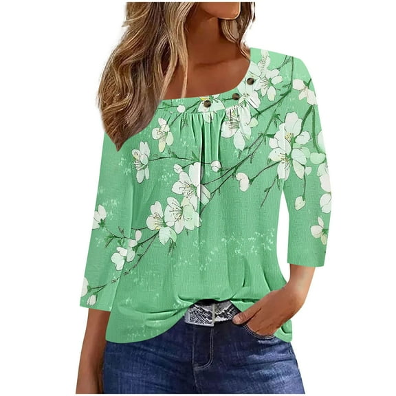 CYMMPU Women's Summer Fall Tunic Tops Vintage Swing Shirts Basic Tees Pleated Slanted Neck Business Work Blouses Floral Printed 3/4 Length Sleeve 2025 Clothes Green S