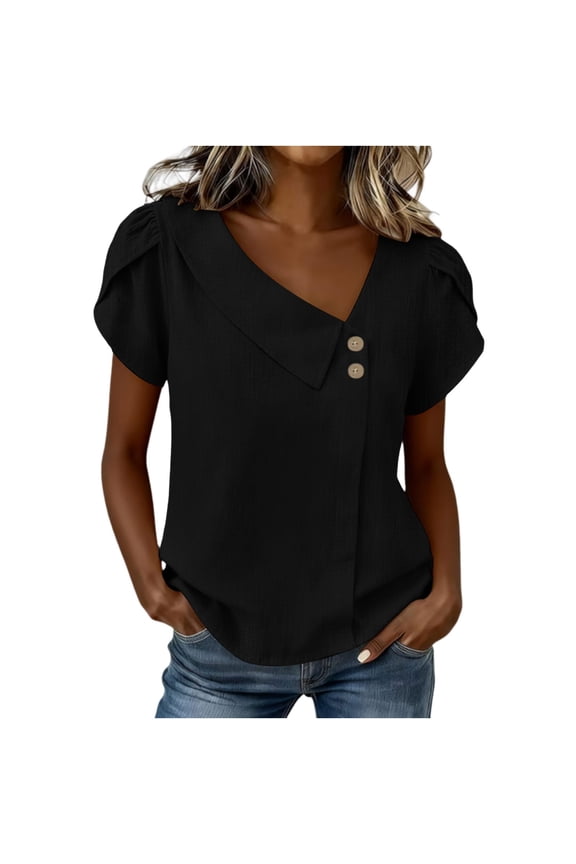 Women's Summer Faux Linen Double Wrinkle Pullover Top, Solid Color Petal Sleeve Button Casual Blouse Black S