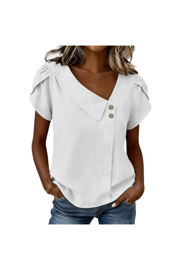 Women's Summer Faux Linen Double Wrinkle Pullover Top, Solid Color Petal Sleeve Button Casual Blouse White L