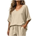 thumbnail image 1 of CYMMPU Women's Summer Linen Blend 2-Piece Outfit, V-Neck 3/4 Sleeve Top with Drawstring Pants, Casual Loungewear Set Beige S, 1 of 7