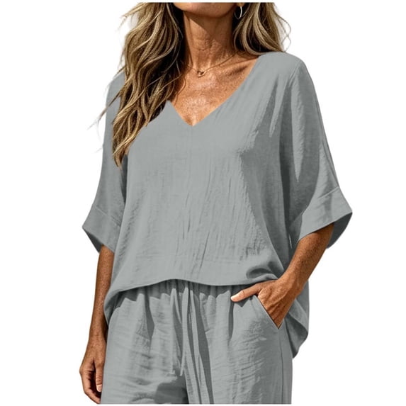 CYMMPU Women's Summer Linen Blend 2-Piece Outfit, V-Neck 3/4 Sleeve Top with Drawstring Pants, Casual Loungewear Set Gray L