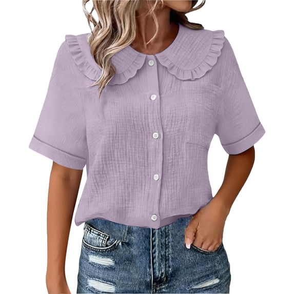 CYMMPU Women's Summer Short Sleeve Doll Collar Button Down Top, Cute Casual Loose Fit Blouse for Everyday Wear Purple XXL
