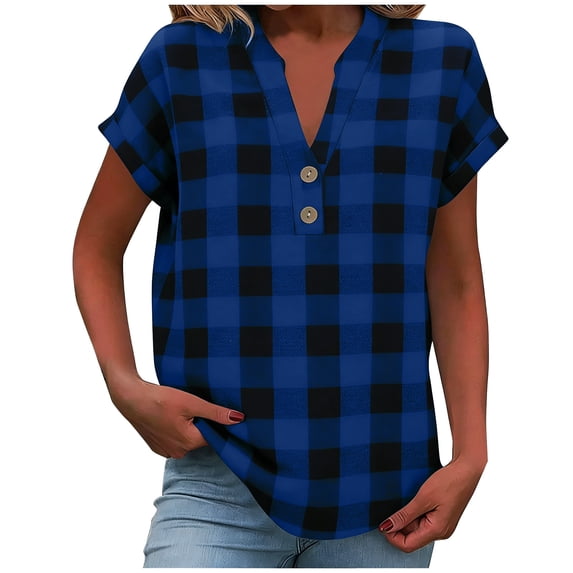 CYMMPU Women's Summer Solid Color Button V Neck Loose T-Shirt, Fashion Casual Breathable Short Sleeve Blouse Top Blue L