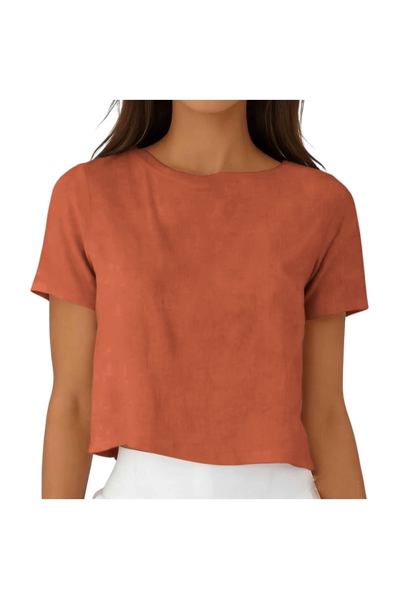 Women's Summer Solid Color Crew Neck Reversible Button Top, Cotton Linen Short Sleeve Casual Loose Blouse Red XL