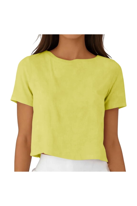 Women's Summer Solid Color Crew Neck Reversible Button Top, Cotton Linen Short Sleeve Casual Loose Blouse Yellow XXXL