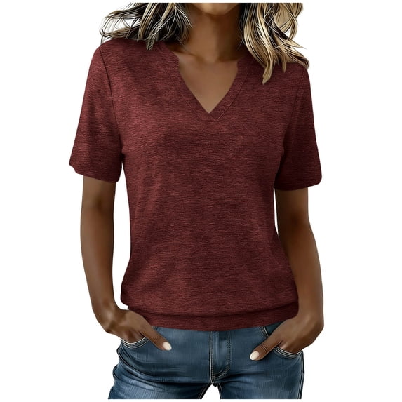 CYMMPU Women's Summer Solid Color Loose V Neck Short Sleeve T-Shirt, Casual Soft Lightweight Everyday Wear Blouse Wine M