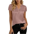 thumbnail image 1 of CYMMPU Women's Summer Solid Color Satin Button V Neck Top, Casual Short Sleeve Lightweight Elegant Blouse for Women Pink M, 1 of 6