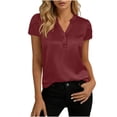 thumbnail image 1 of CYMMPU Women's Summer Solid Color Satin Button V Neck Top, Casual Short Sleeve Lightweight Elegant Blouse for Women Wine XXL, 1 of 6