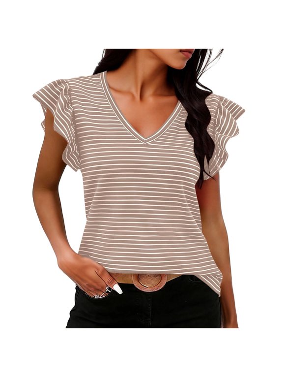 Women's Summer Striped Short Sleeve Flutter Sleeve Top, Loose Casual Lightweight Summer Blouse for Women Khaki M