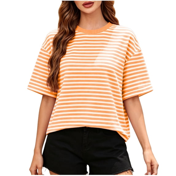 CYMMPU Women's Summer Striped T-Shirt, Crew Neck with Open Back and Bow Tie, Casual Loose Fit Tee Orange M