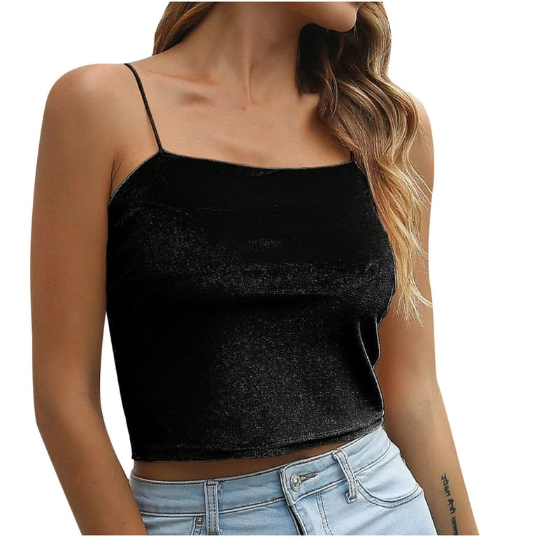 CYMMPU Women's Summer Tank Top Casual Sleeveless Suspender Gold Velvet  Solid Color Camisole Shirts Loose Fit Blouse Black XL 
