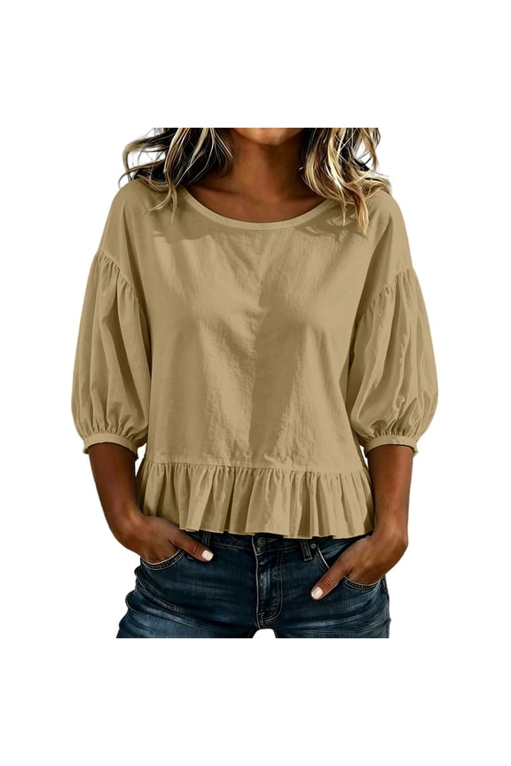 Women's Summer Trendy Peplum Blouse, Round Neck with Puff Sleeves, Lightweight Casual Top Khaki XL