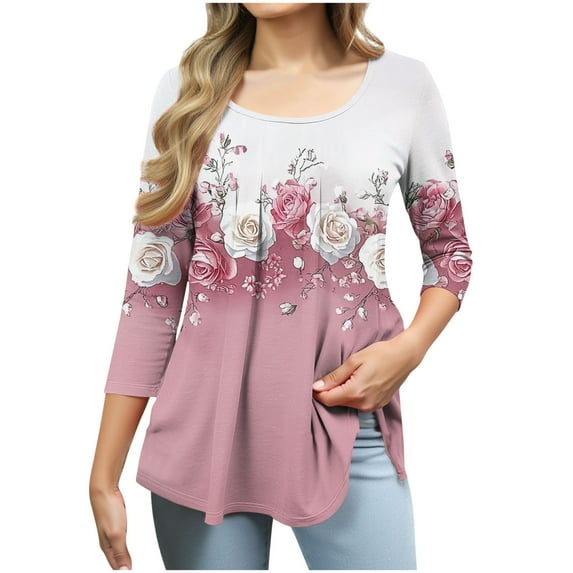 CYMMPU Women's Swing Shirts Floral Printed 3/4 Length Sleeve Tunic Tops Crewneck Summer Fall Business Work Blouses to Wear with Leggings Vintage Elegant Blouse 2025 Clothes Pink S