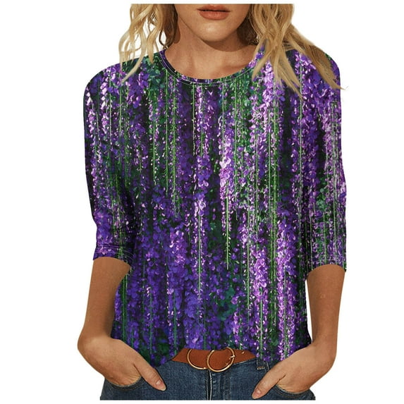 CYMMPU Women's Swing Shirts Floral Printed 3/4 Length Sleeve Vintage Business Work Blouses Tunic Tops Crewneck Summer Fall Basic Tees 2025 Clothes Multicolor M