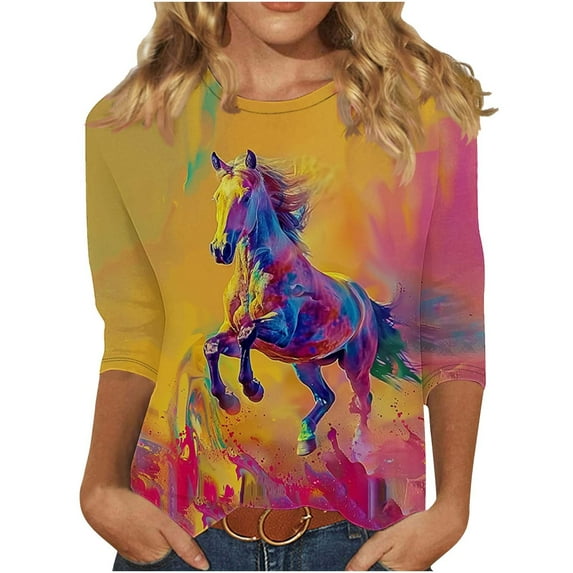 CYMMPU Women's Swing Shirts Horse Printed 3/4 Length Sleeve Vintage Crewneck Summer Fall Basic Tees Tunic Tops Business Work Blouses 2025 Clothes Multicolor S