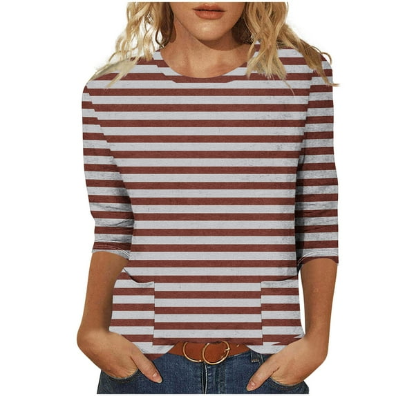 CYMMPU Women's Swing Shirts Striped 3/4 Length Sleeve Basic Tees Vintage Summer Fall Tunic Tops Crewneck Business Work Blouses 2025 Clothes Brown M