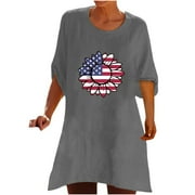 CYMMPU Women's Trendy 4th of July Patriotic Long Tunic Clearance Star Striped America Flag Pattern Fashion Going out Tops Short Sleeve Crewneck Tops Independence Day Gray XXL