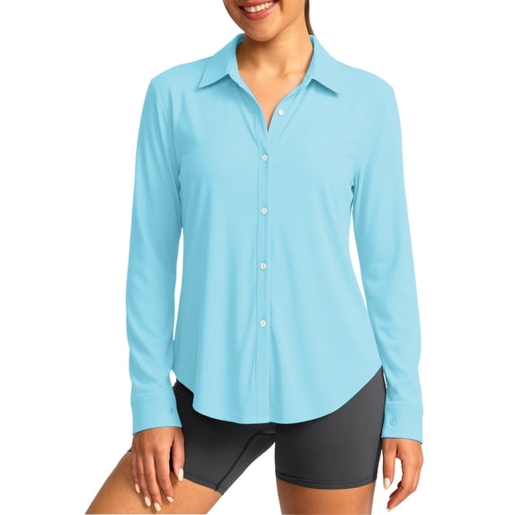 CYMMPU Women's UPF 50+ Long Sleeve Sun Protection Shirt, Lapel Collar Button Down Lightweight Outdoor Cover Up Light Blue M
