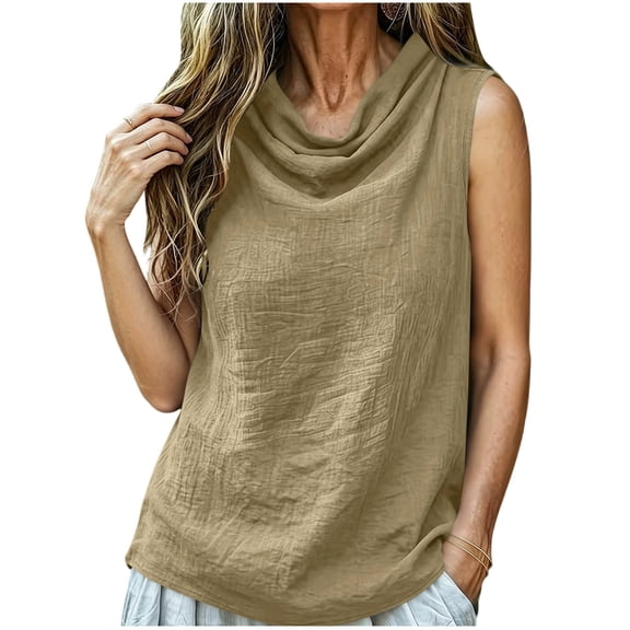 CYMMPU Women's V-Neck Button Detail Tunic Top, Sleeveless Crinkled Blouse with Asymmetric Hem, Casual Summer Shirt Khaki S
