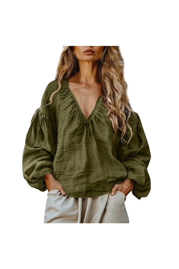 Women's V-Neck Long Sleeve Blouse with Gathered Neckline, Cute Puff Sleeve Design, Solid Color Boho Chic Top for Summer & Fall Fashion Army Green XXL