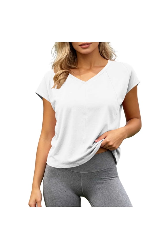 Women's V-Neck Short Sleeve T-Shirt with Cutout Back Tie Design, Unique Tie-Back Top, Casual Activewear for Workout & Daily White L