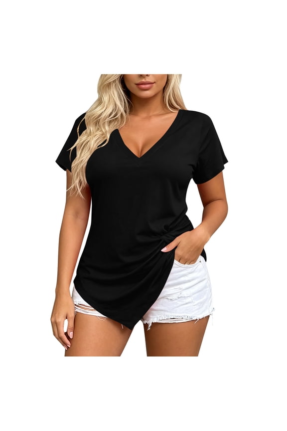 Women's V-Neck Twist Front Short Sleeve T-Shirt, Asymmetric Hem Design, Solid Color Trendy Casual Top for Summer Street Style Black S