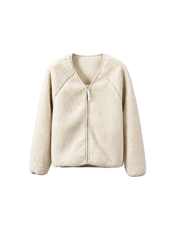 Women’s V‑Neck Zip Up Fleece Jacket, Long Sleeve Solid Color Side Pockets Relaxed Fit Warm Lightweight Outerwear for Cold Weather Casual Everyday Outfits Beige S