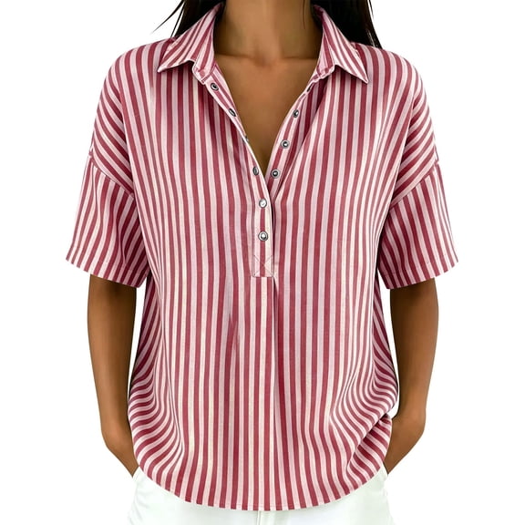 CYMMPU Women's Vertical Stripe V Neck Short Sleeve T-Shirt, Oversized Loose Fit Soft Casual Daily Blouse Hot Pink S