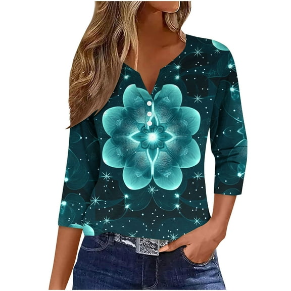 CYMMPU Women's Vintage Floral Print 3/4 Length Sleeve Summer Fall Swing Shirts Tunic Tops V-Neck Business Work Blouses Basic Tees 2025 Clothes Green L