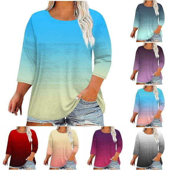CYMMPU Women's Vintage Gradient Color 3/4 Length Sleeve Summer Fall Business Work Blouses Basic Tees Crewneck Tunic Tops Swing Shirts 2025 Clothes Black L
