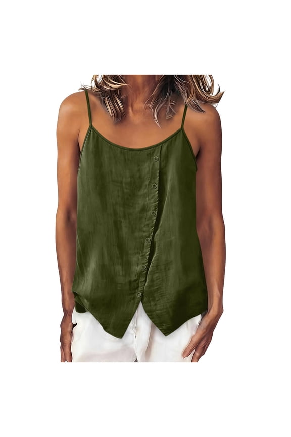 Women's Waffle Knit Henley Cami, Spaghetti Strap Tank Top with Button Placket, Casual Relaxed Fit Summer Wear Army Green XL