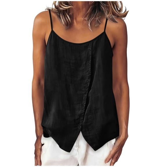 CYMMPU Women's Waffle Knit Henley Cami, Spaghetti Strap Tank Top with Button Placket, Casual Relaxed Fit Summer Wear Black XL