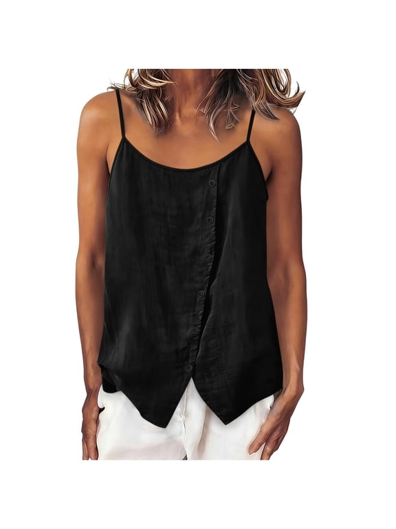 Women's Waffle Knit Henley Cami, Spaghetti Strap Tank Top with Button Placket, Casual Relaxed Fit Summer Wear Black XXL