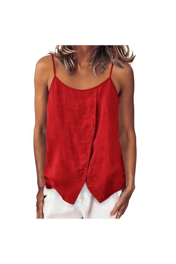 Women's Waffle Knit Henley Cami, Spaghetti Strap Tank Top with Button Placket, Casual Relaxed Fit Summer Wear Red XL